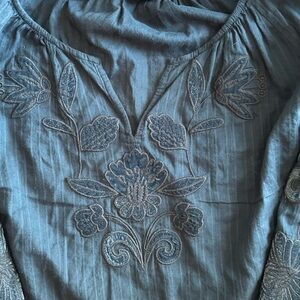 J. Jill Teal Cotton Embroidered Long sleeved Blouse
